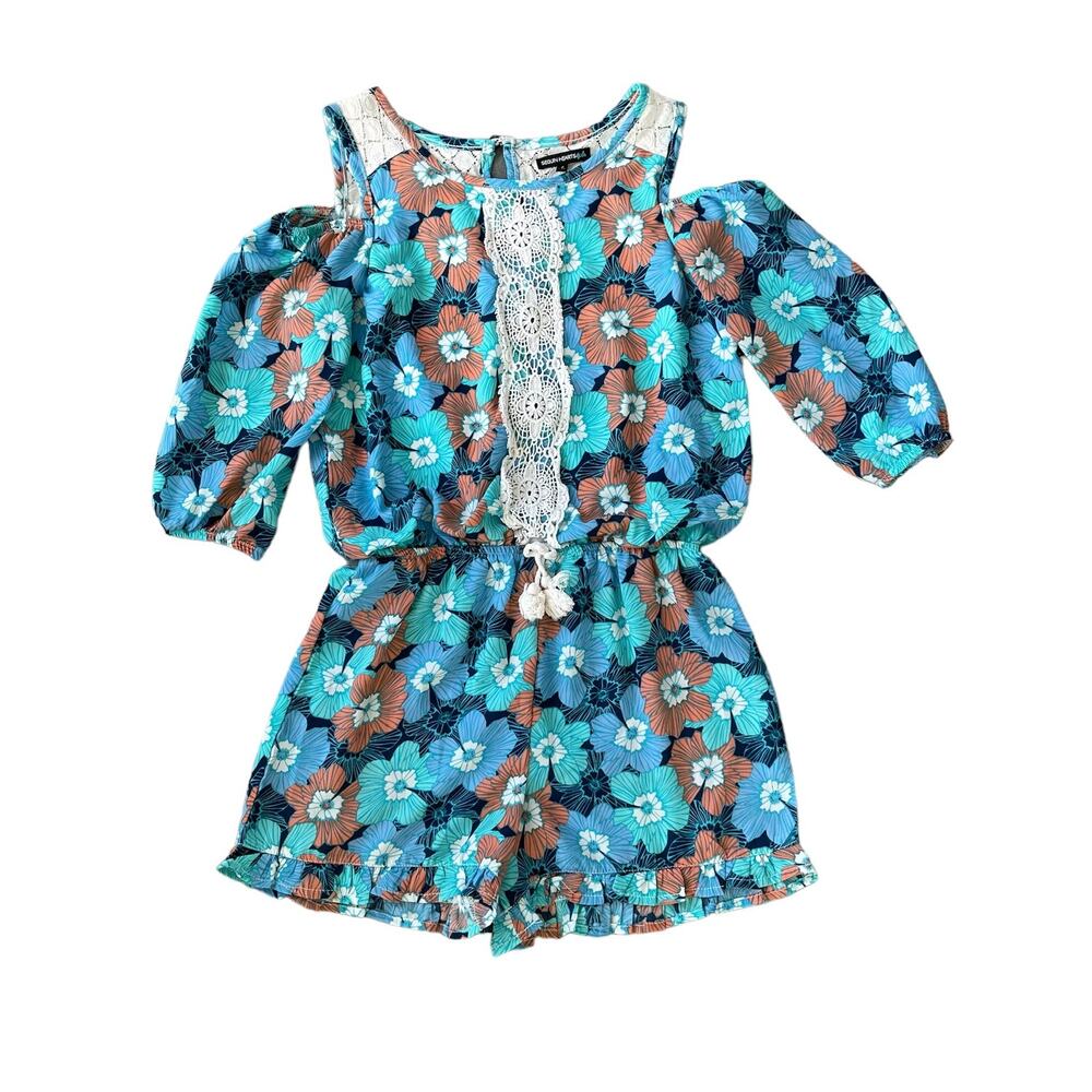 Girls L Sequin Hearts Blue Orange  Floral Open Shoulder 3/4 Sleeve Shorts Romper